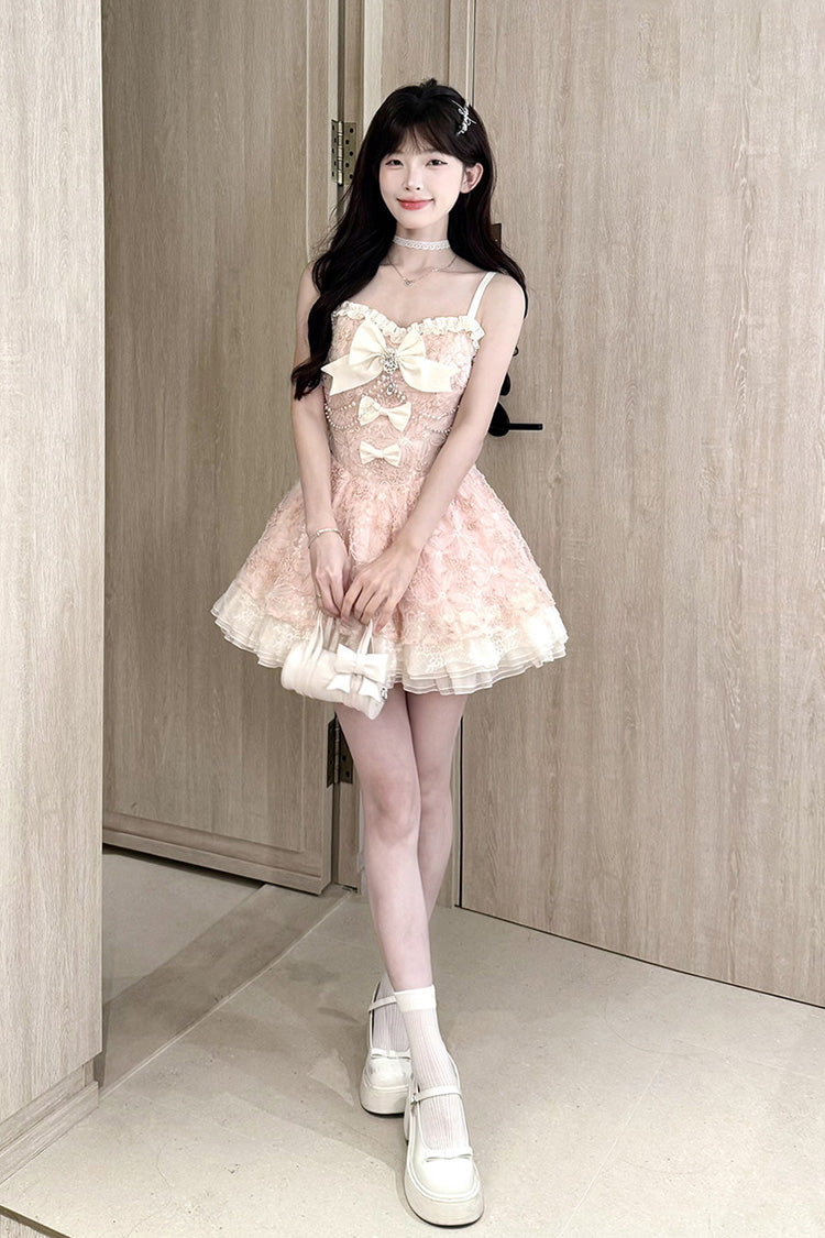 Pink Square Collar Sleeveless Multi-Layered Ruffled Embroidered Bow Pearl Detail Sweet Lolita Jsk Dress - Product - 4