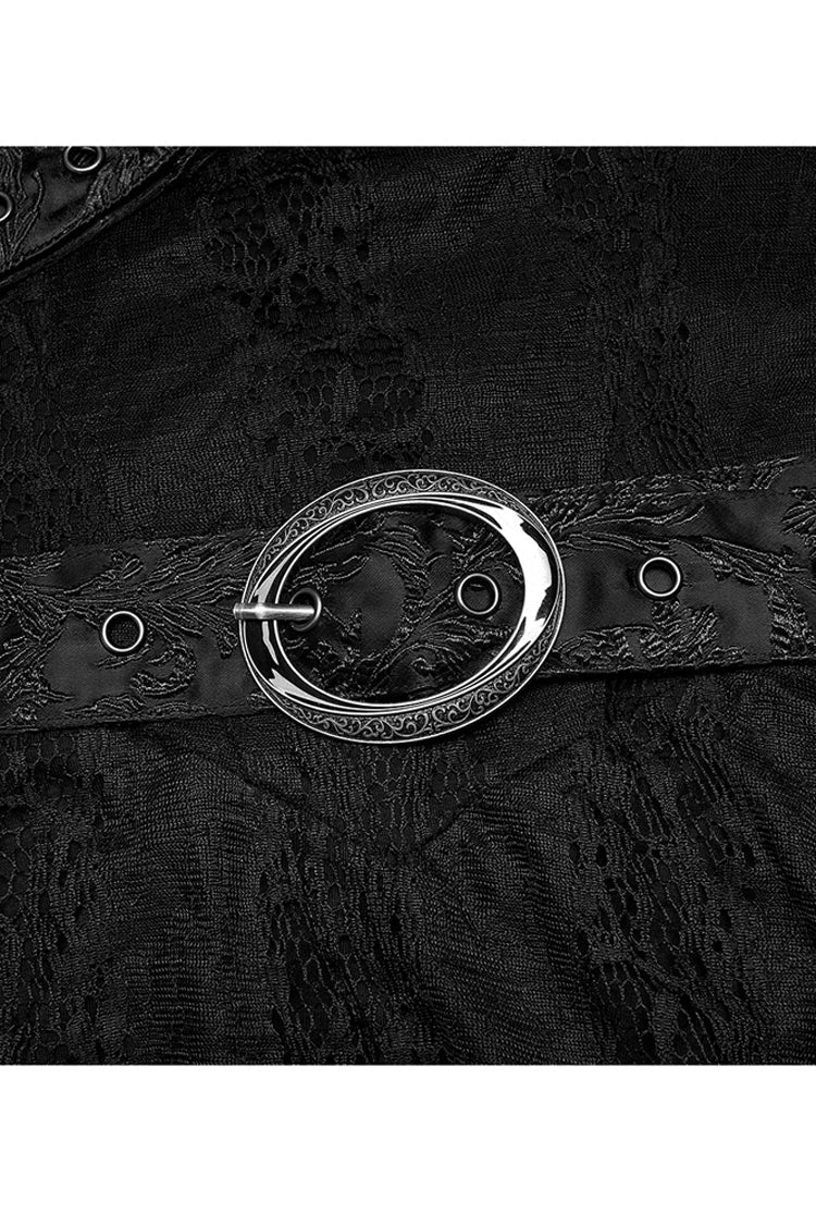 Black Elasticity Modal Cotton Fabric Patchwork Lace Metal Buckle Belt Long Hem Long Sleeve Women's Plus Size Gothic Dress - Product - 7