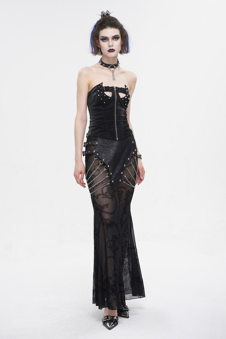 Black Mesh Splice Chain Fishtail Women's Gothic Skirt - Product - 4