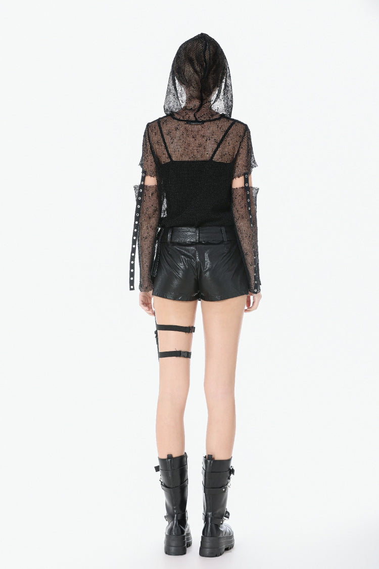 Black Low Waisted Eyelet Women's Punk Shorts with Asymmetric Pleated Belt - Product - 11