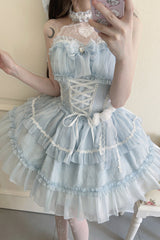 Light Blue Halterneck Triple-Layered Bowknot Lace Sweet Lolita Jsk Dress - Product - 4