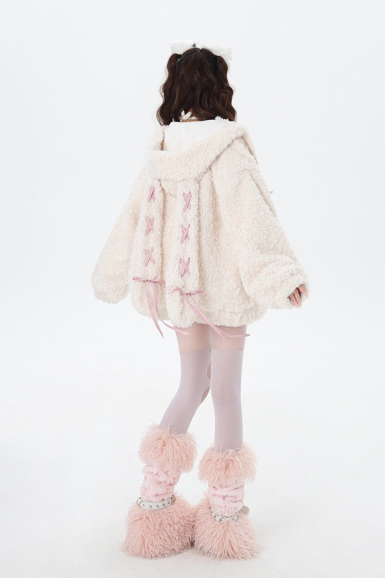 [Lace-Up Bunny Ears] Long Sleeves Hooded Plush-lined Zipper Sweet Lolita Coat 2 Colors - Product - 11