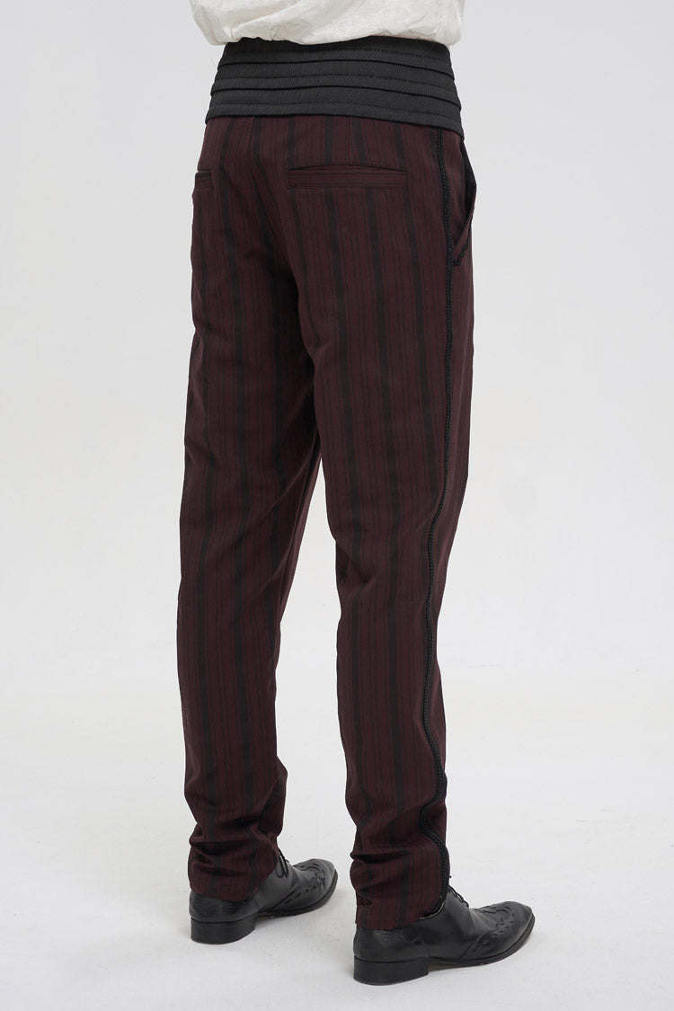 Red Retro Mid High Waist Micro Elastic Striped Woven Stitching Three Dimensional Jacquard Men's Gothic Trousers - Product - 3