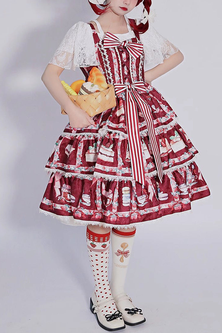 Strawberry Afternoon Tea Cake Ice Cream Print Bowknot Sleeveless Sweet Lolita Tiered Dress 3 Colors - Pink - 1