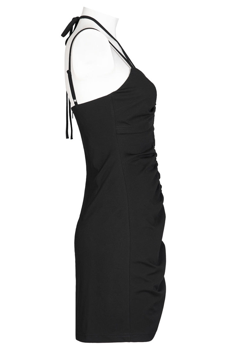 Black Knitted Stretch Hollow-Carved Design Drawstring Bodycon Shoulder Strap Halter Neck Women's Punk Dress - Product - 6