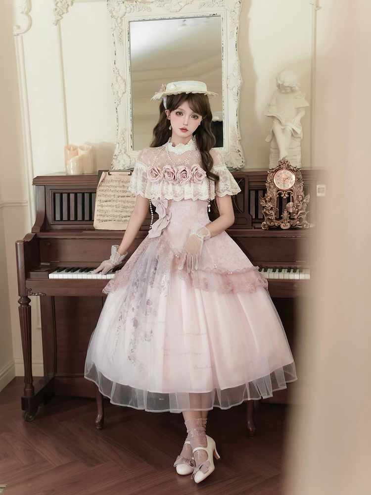 Pink Floral Mesh Lace Ruffled Rose Sweet Princess Vintage (Set) detail view 4