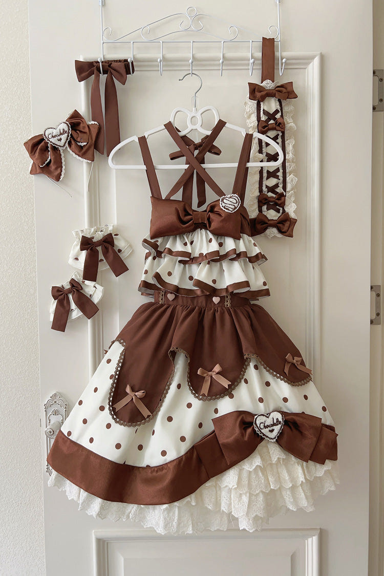 Chocolate Brown Cream Multi-Layered Polka Dots Print Ruffle Bowknot Sweet Lolita Jsk Dress - Product - 3