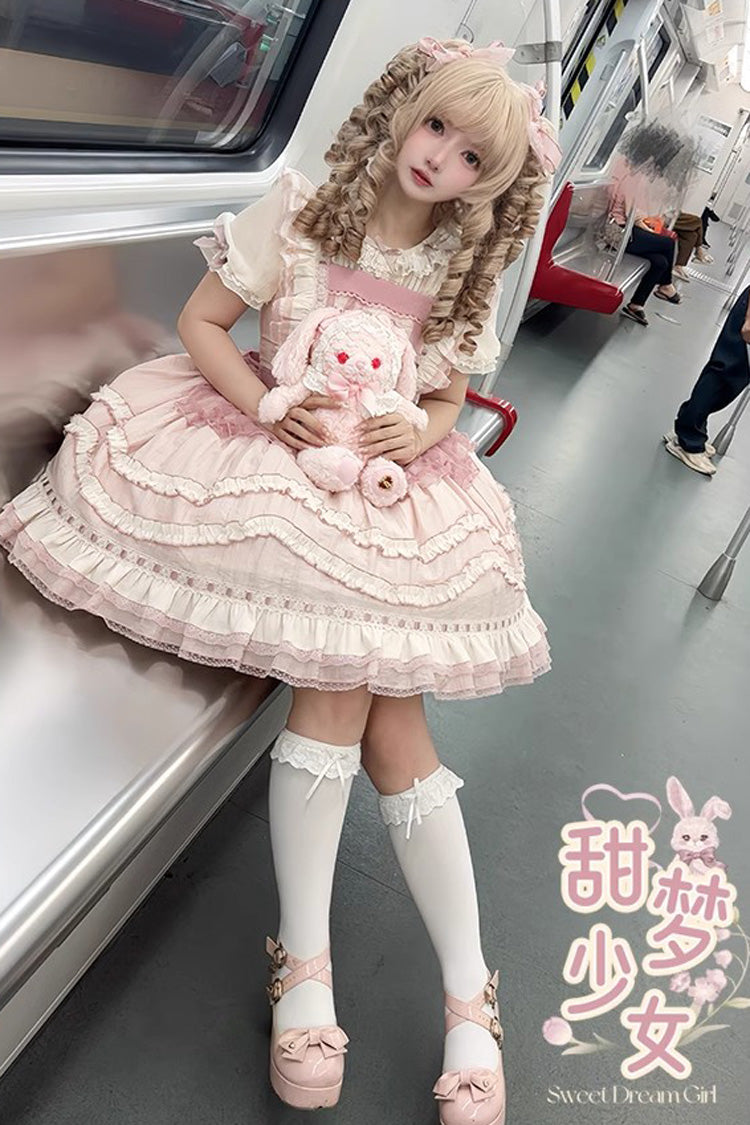 Pink Rabbit Print Sweet Dream Girl Ruffle Bowknot Stitching Lace Lolita JSK Dress - Product - 2