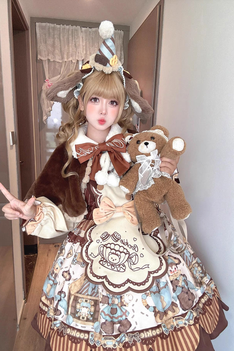 [Bear Cookie] Sleeveless Print Bowknot Sweet Lolita Jsk Dress Set 2 Colors - Product - 8