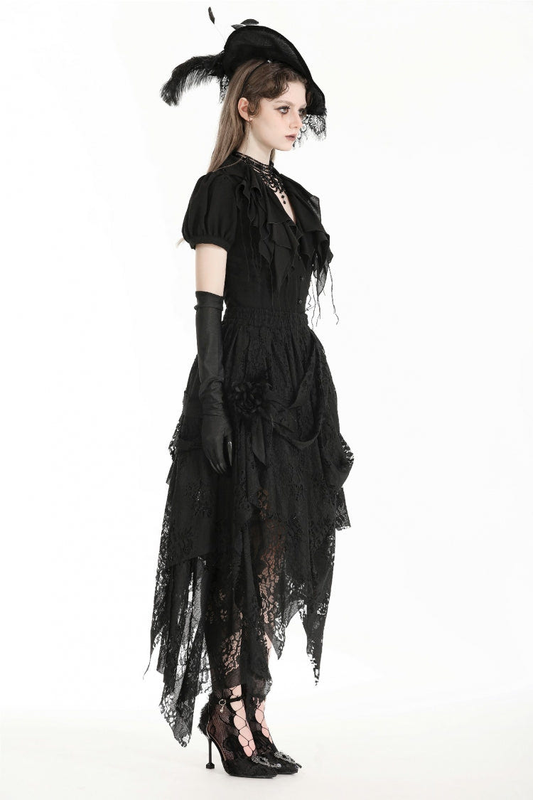 Black Women's Gothic Lace Irregular Distressed Hanky‑Hem Skirt - Product - 2