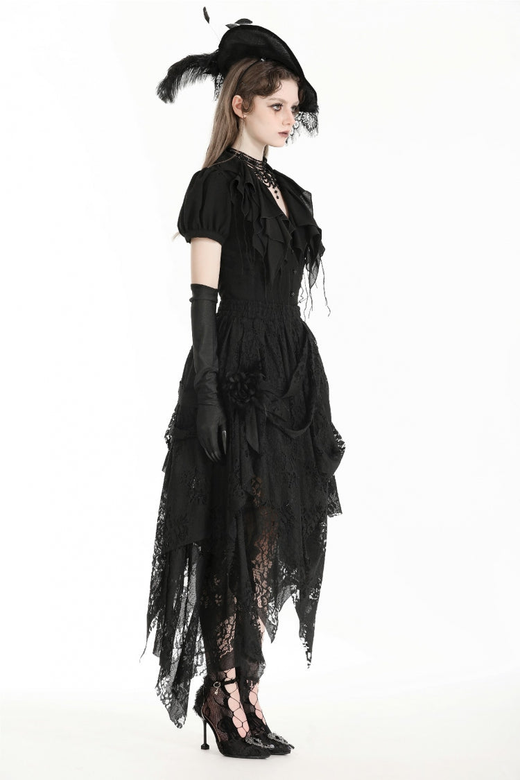Black Women's Gothic Lace Irregular Distressed Hanky‑Hem Skirt - Product - 2