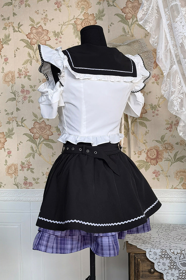 Black/White Short Sleeves Print Bowknot Sweet Jirai Kei Skirt Set - Product - 5