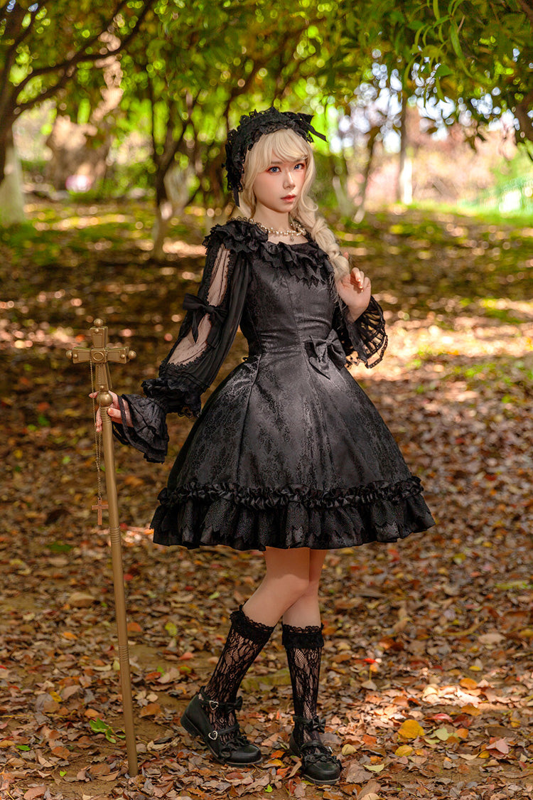 Black [Floral Canon] Round Collar Sleeveless Jacquard Printed Ruffled Bow Gothic Lolita Jsk Dress - Product - 7