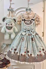Green [Chocolate Cherry] Print Bowknot Sweet Lolita Jsk Dress - Product - 3