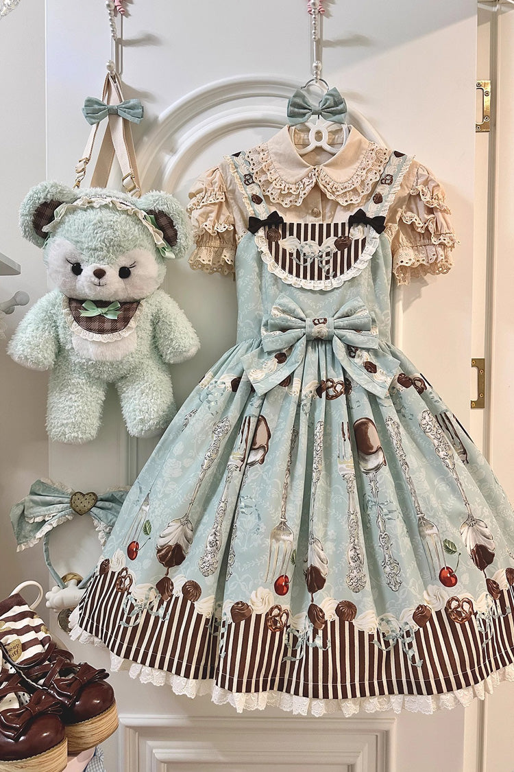 Green [Chocolate Cherry] Print Bowknot Sweet Lolita Jsk Dress - Product - 3