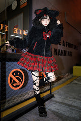 Black/Red [Night Cat] Plaid Print Ruffle Bowknot Hooded Sweet Lolita Skirt Coat - Product - 4