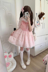 Seaside Pearls High Waisted Multi-layer Bowknot Sweet Lolita Jsk Dress 2 Colors - Pink - 7
