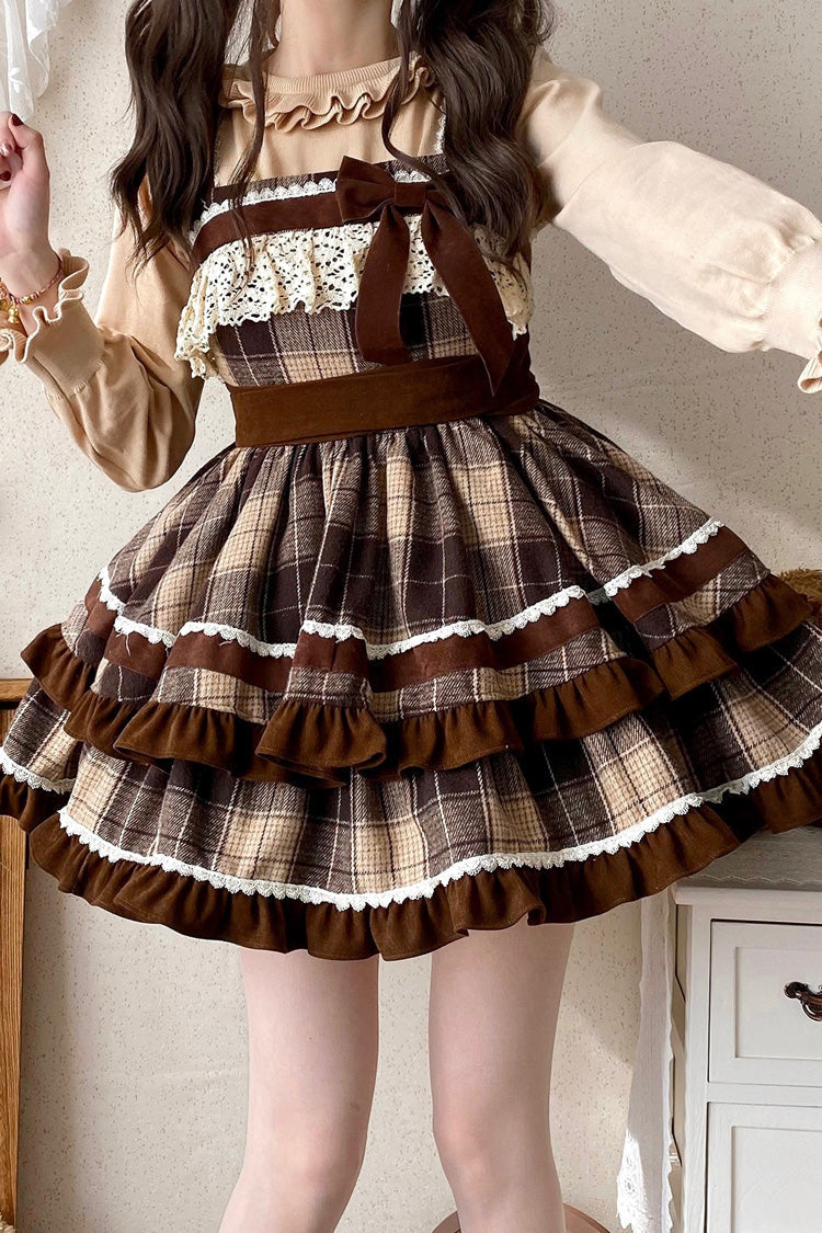 Brown Sleeveless Double-Layered Plaid Print Ruffle Bowknot Lace Sweet Lolita Jsk Dress - Product - 3