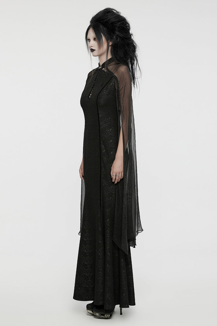 Black Cheongsam Collar Chiffon Stitching Ripped Women's Gothic Dress - Product - 2