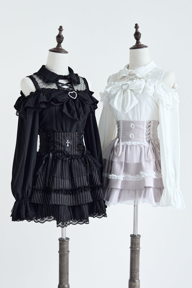 Jirai Kei Off Shoulder Long Sleeves Print Bowknot Lace-Up Sweet Japanese Blouse 3 Colors - Product - 4