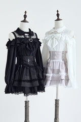 Jirai Kei Off Shoulder Long Sleeves Print Bowknot Lace-Up Sweet Japanese Blouse 3 Colors - Product - 4