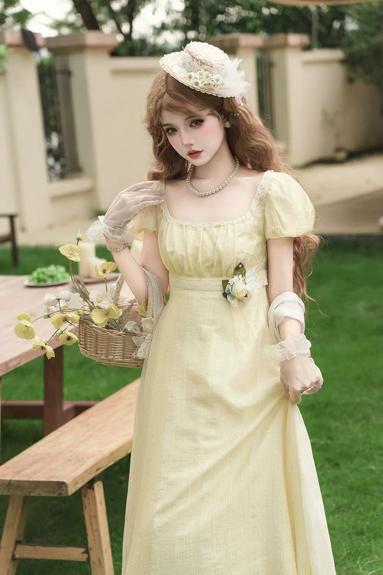 Yellow Square Collar Short Sleeves Jacquard Ruffled Lace Sweet Elegant Lolita Dress - Product - 2