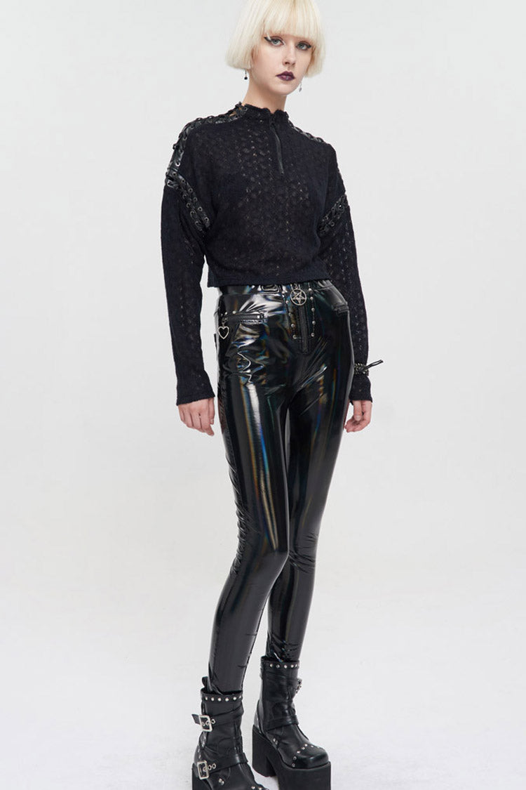Black Wool Dropped Shoulders Perforated Sleeves Strap Connection Neck Zipper Loose Long Sleeve Women's Punk Sweater - Product - 7