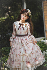 Forest Illustrated Book Long Lantern Sleeves Print Ruffle Sweet Lolita OP Dress 3 Colors - Product - 16