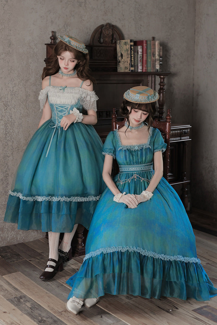 Blue/Green [Water Lily] Square Collar Ruffled Lace-Up Sweet Royal Lolita Dress 2 Versions - Product - 11