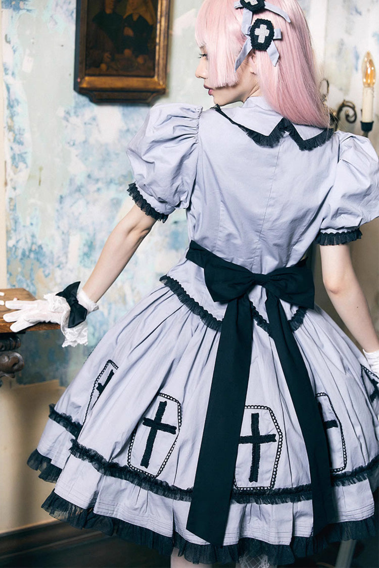 Grey Halloween Cross Short Puff Sleeves Two Pieces Gothic Lolita Dress - Product - 2
