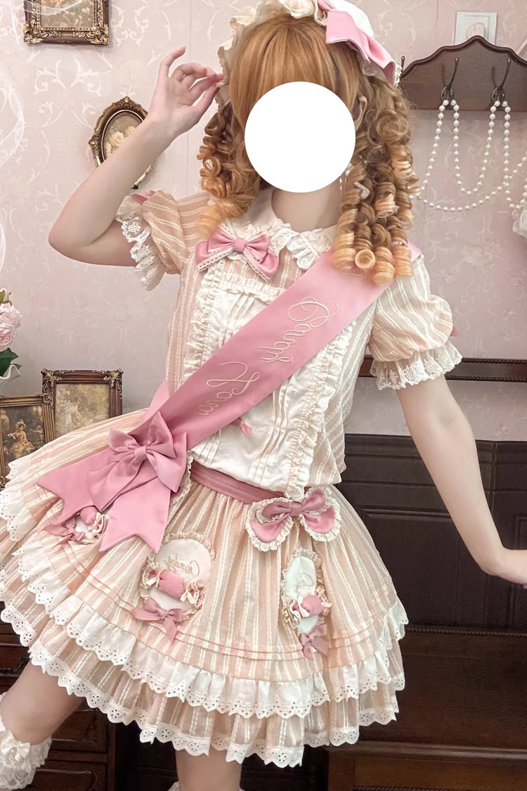 Pink [Candy Paradise] Doll Collar Short Sleeves Double-Layered Ruffled Bow Sweet Lolita OP Dress - Product - 2