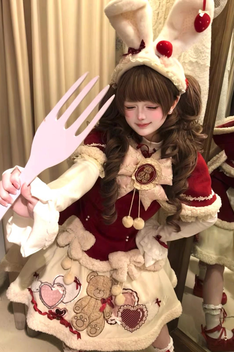 Red [New Year] Long Sleeves Embroidered Bow Lace Sweet Lolita Skirt and Rabbit Ears Cloak Set - Product - 5