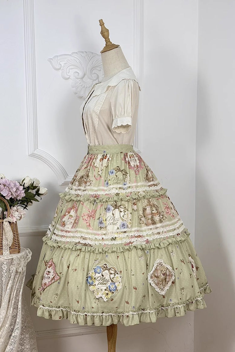 Green [Cat Rose Tea] Print Ruffle Sweet Gorgeous Lolita Skirt - Product - 3