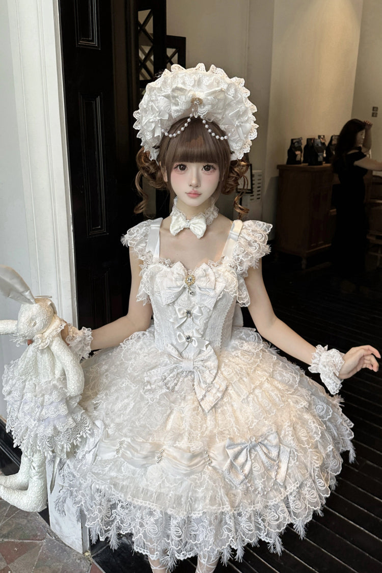 White [Cloudborne Snowfeather] Sleeveless Multi-Layered Hanayome Bowknot Pearl Gothic Lolita Jsk Dress - White - 1