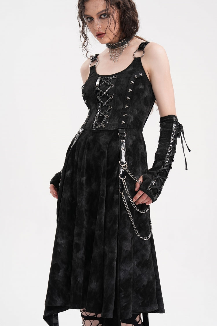 Black Chains Rings Lace-Up Women's Gothic Slip Dress with Gloves - Product - 8