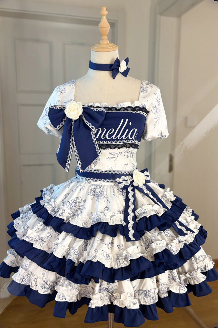 Blue/White Porcelain Print Multi-layer Ruffle Embroidery Bowknot Sweet Lolita Dress - White/Blue - 1