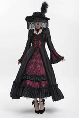Red Long Sleeves Floral Embroidery Lace-Up Pleated Women's Gothic Dress - Product - 7