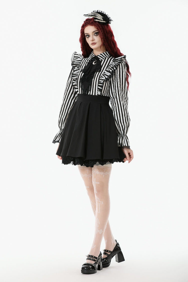 Black/White Striped Lapel Collar Long Sleeves Moon Lace Bow Ruffled Pleated Women's Gothic Dress - Product - 11