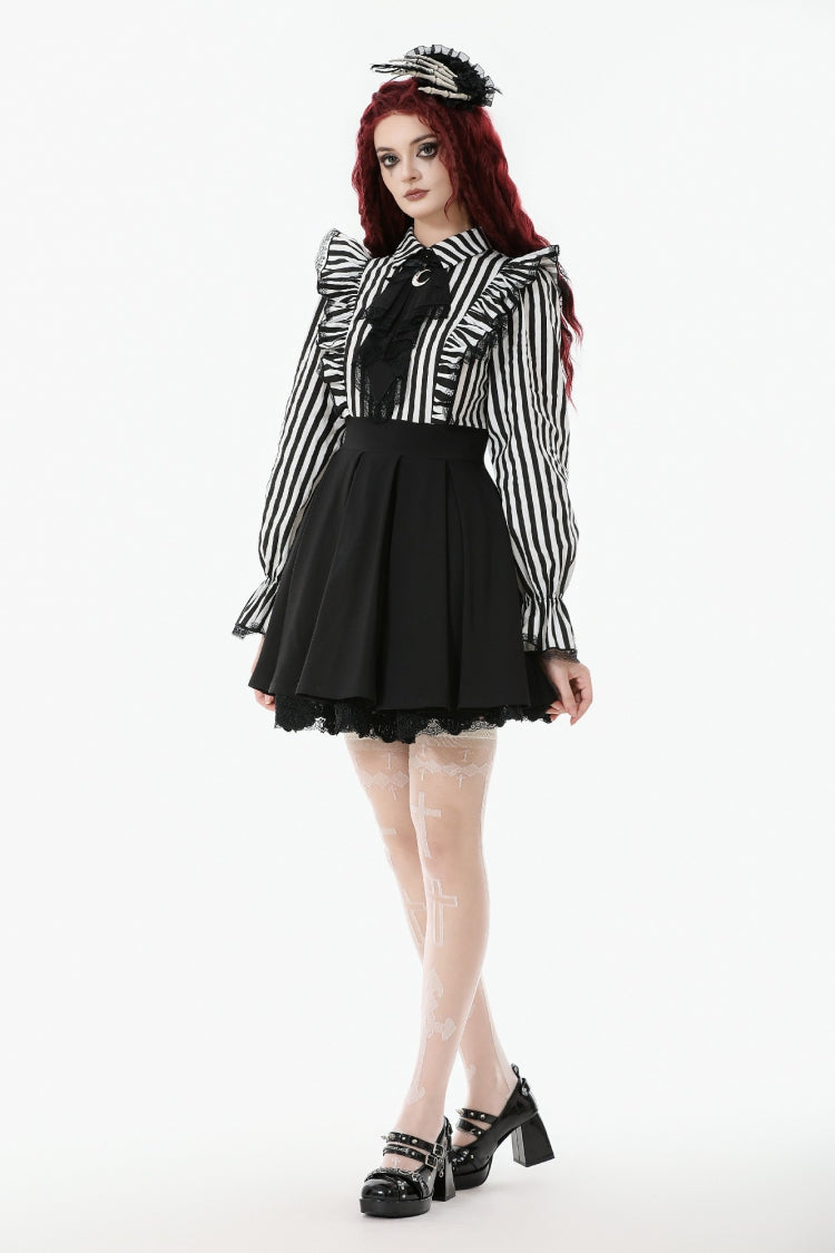 Black/White Striped Lapel Collar Long Sleeves Moon Lace Bow Ruffled Pleated Women's Gothic Dress - Product - 11