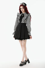 Black/White Striped Lapel Collar Long Sleeves Moon Lace Bow Ruffled Pleated Women's Gothic Dress - Product - 11