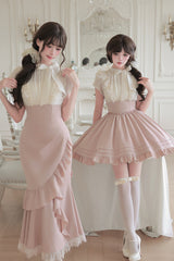 White/Pink Round Collar Short Sleeves Ruffled Bow Lace Color-Blocked Boned Sweet Lolita Dress 2 Versions - Product - 2