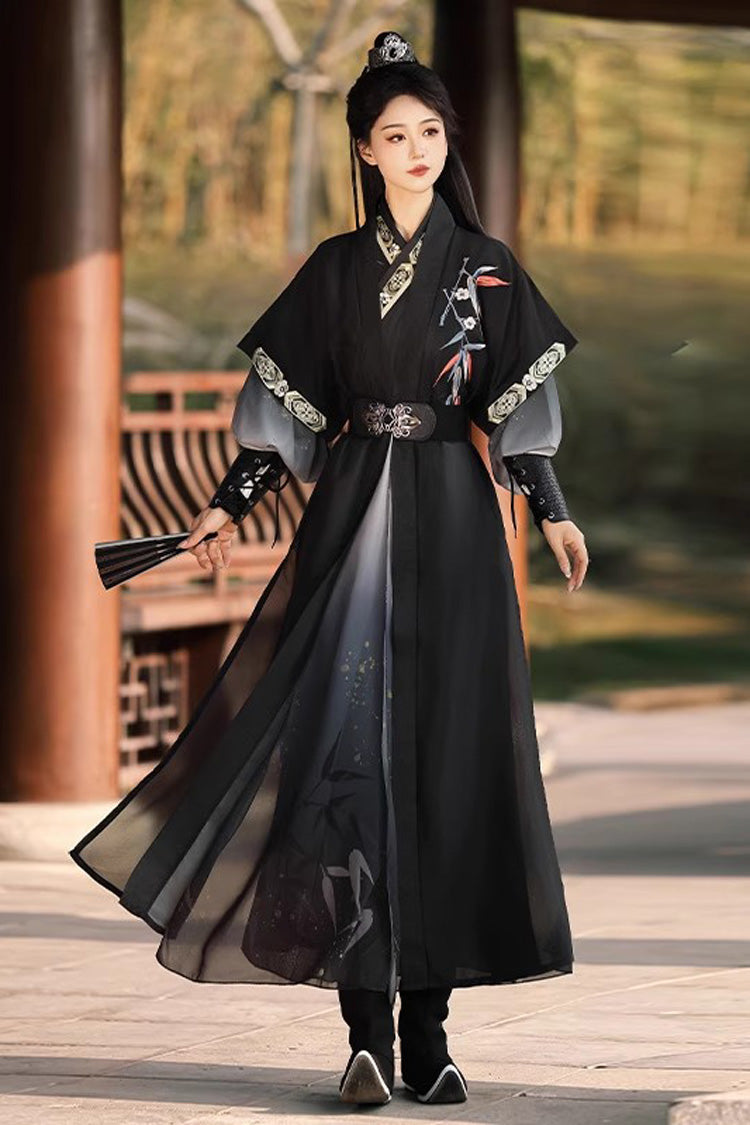 Black Knight-style Song Dynasty Cross-collared Gradient Embroidery Classic Vintage Hanfu Dress Set - Black - 1