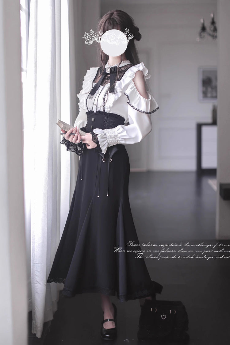 Black Ruffle Bowknot Slim Sweet Elegant Lolita Fishtail Skirt Dress - Product - 6