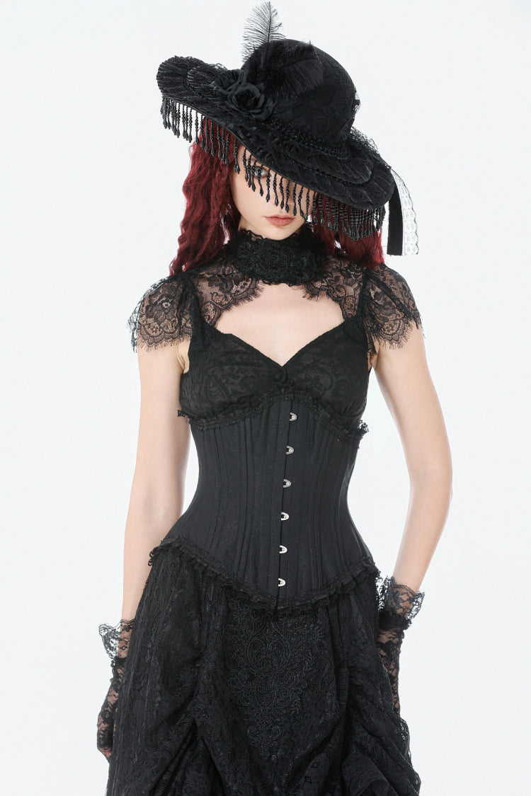 Black Sleeveless Lace Irregular Lace-Up Women's Gothic Underbust Corset - Black - 1