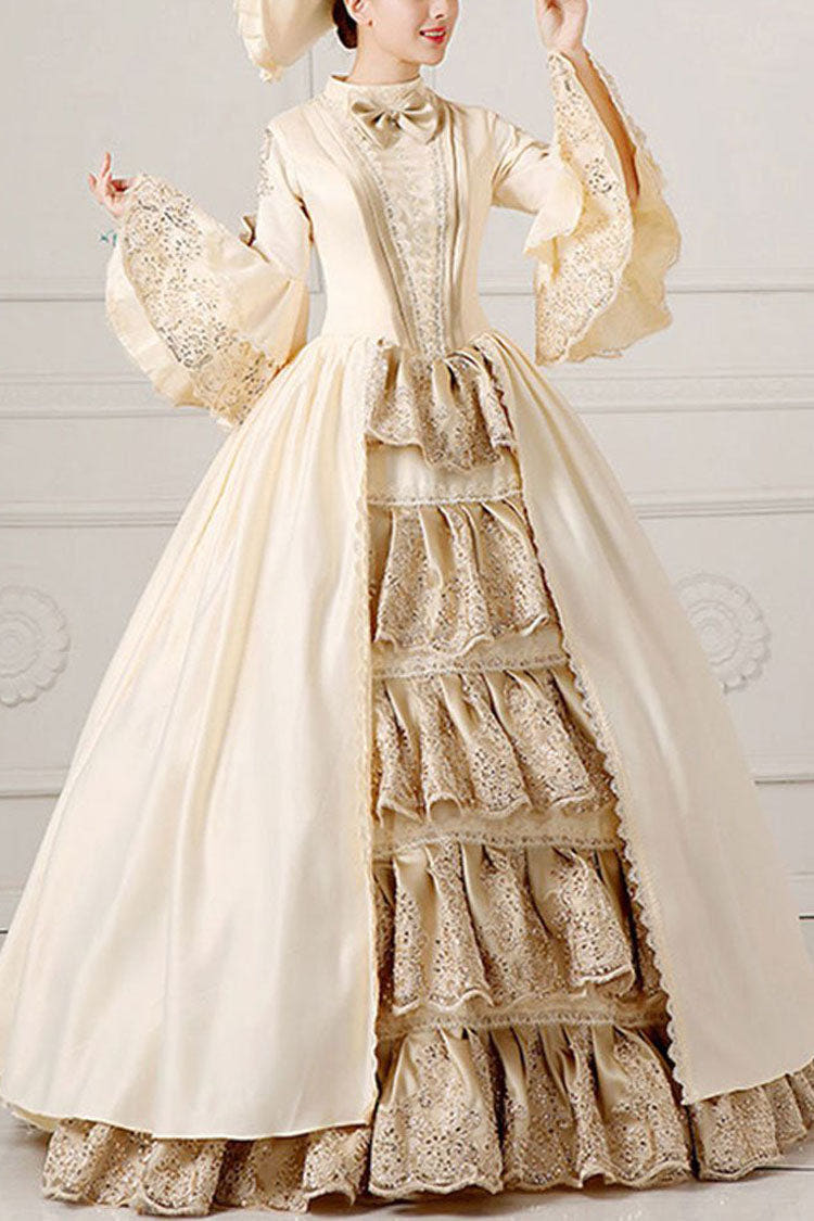 Trumpet Sleeves Single Breasted High Waisted Bowknot Ruffled Victorian Lolita Prom Dress - Champagne - 1