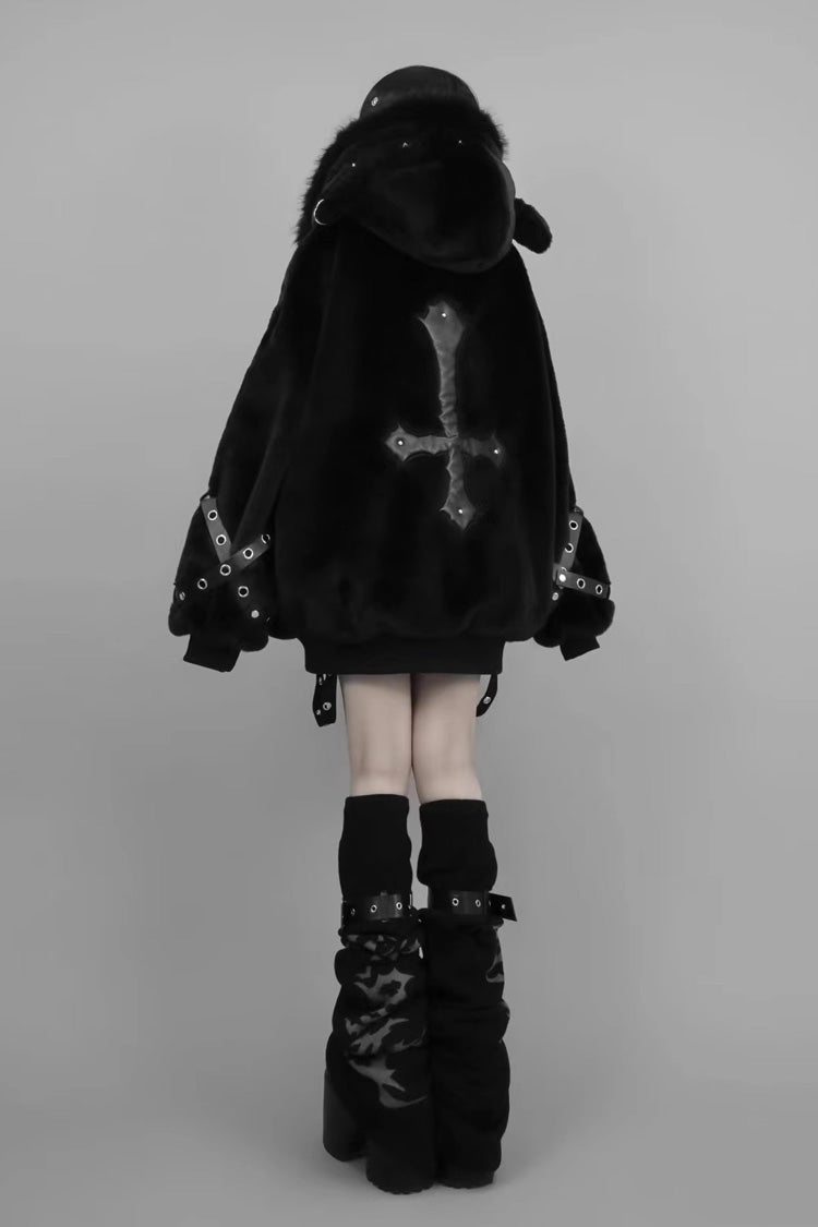 Black Long Sleeves Lamb Ears Hooded Rivet Punk Japanese Jirai Kei Coat - image 3