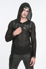 Black Striped Sheer Long Sleeve Men's Punk Sweatshirt Hooded - Product - 3