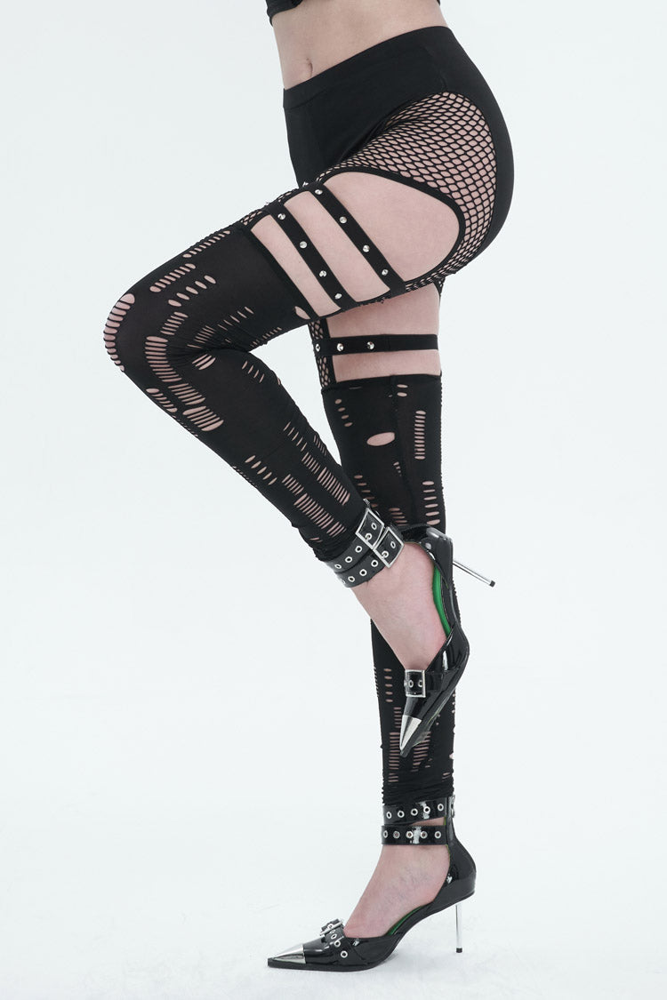 Black Elastic Asymmetrical Hole Knit Stitching Mesh Women's Punk Leggings - Product - 3