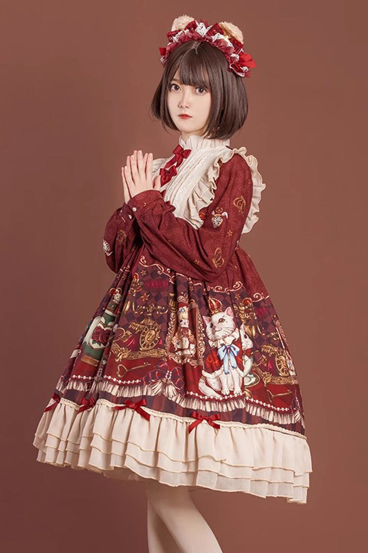 [Rabbit and Bear Feast]  Long Sleeves Multi-Layered Print Ruffle Bowknot Sweet Lolita Dress 2 Colors - Product - 3