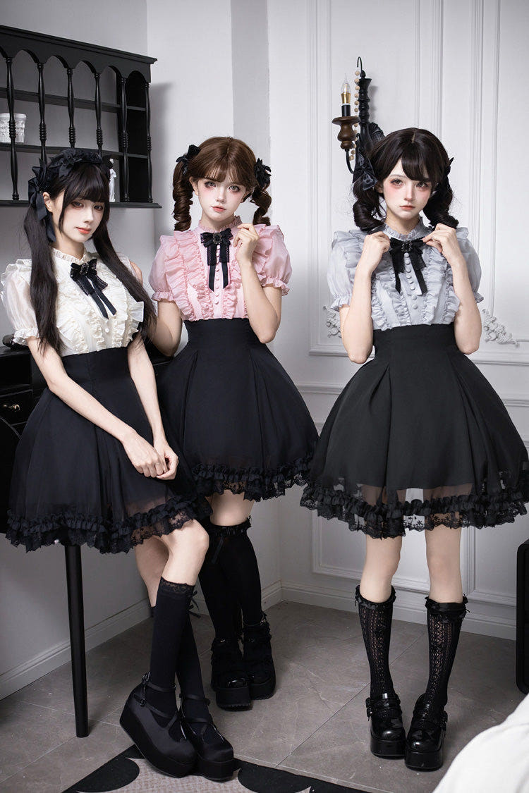 Black [Miss Lola · Snow Kiss] Stand Collar Short Puff Sleeves Ruffled Color-Blocked Faux Two-Piece Sweet Lolita Dress 3 Colors - Black/Pink - 1